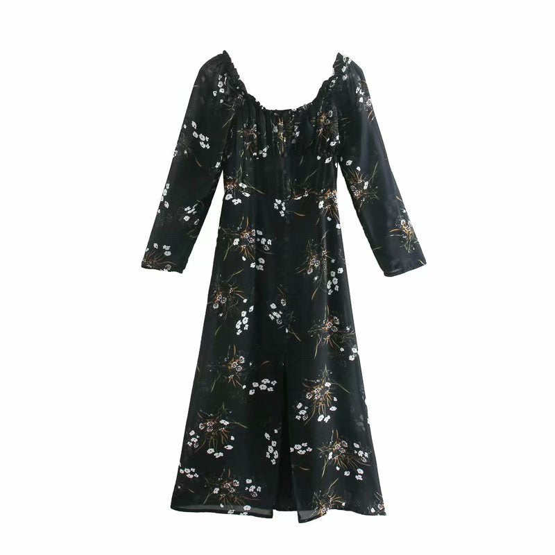 Vintage Backless Square Collar Floral Midi Dresses