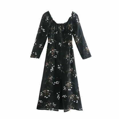 Vintage Backless Square Collar Floral Midi Dresses