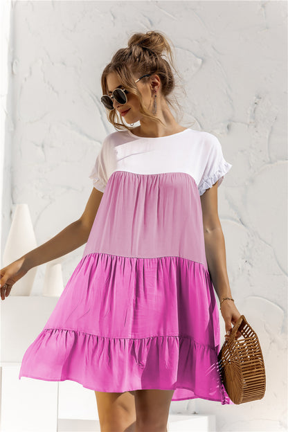 Round Neck Ruffled Hem Vacation Mini Dresses