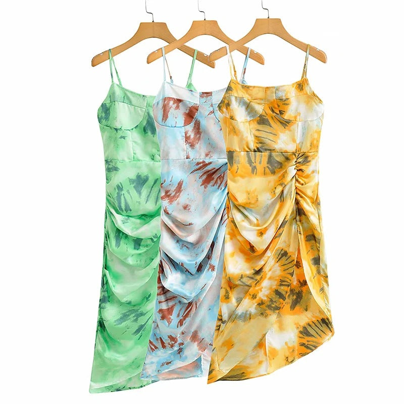 Tie Dye Vintage Irregular Hem Floral Bodycon Party Midi Dresses