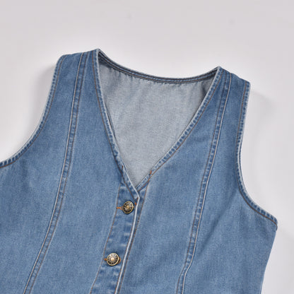 V-neck Backless Vest Single-breasted Denim Mini Dresses