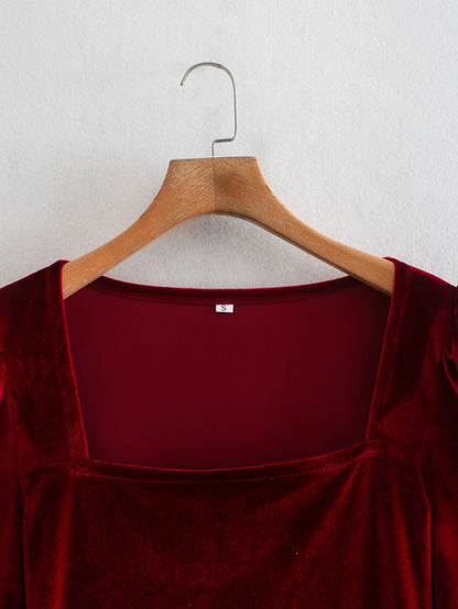 Red Square Collar Vintage Velvet Party Bodycon Mini Dresses