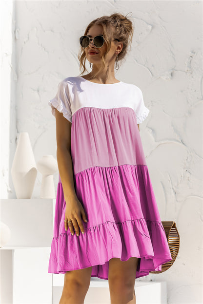 Round Neck Ruffled Hem Vacation Mini Dresses