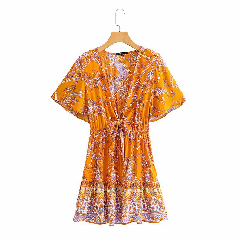 Boho V-neck Floral Flared Sleeve Lace-up Mini Dresses