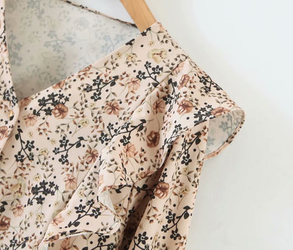 V-neck Ruffled Single-breasted Floral Blouses Shirts