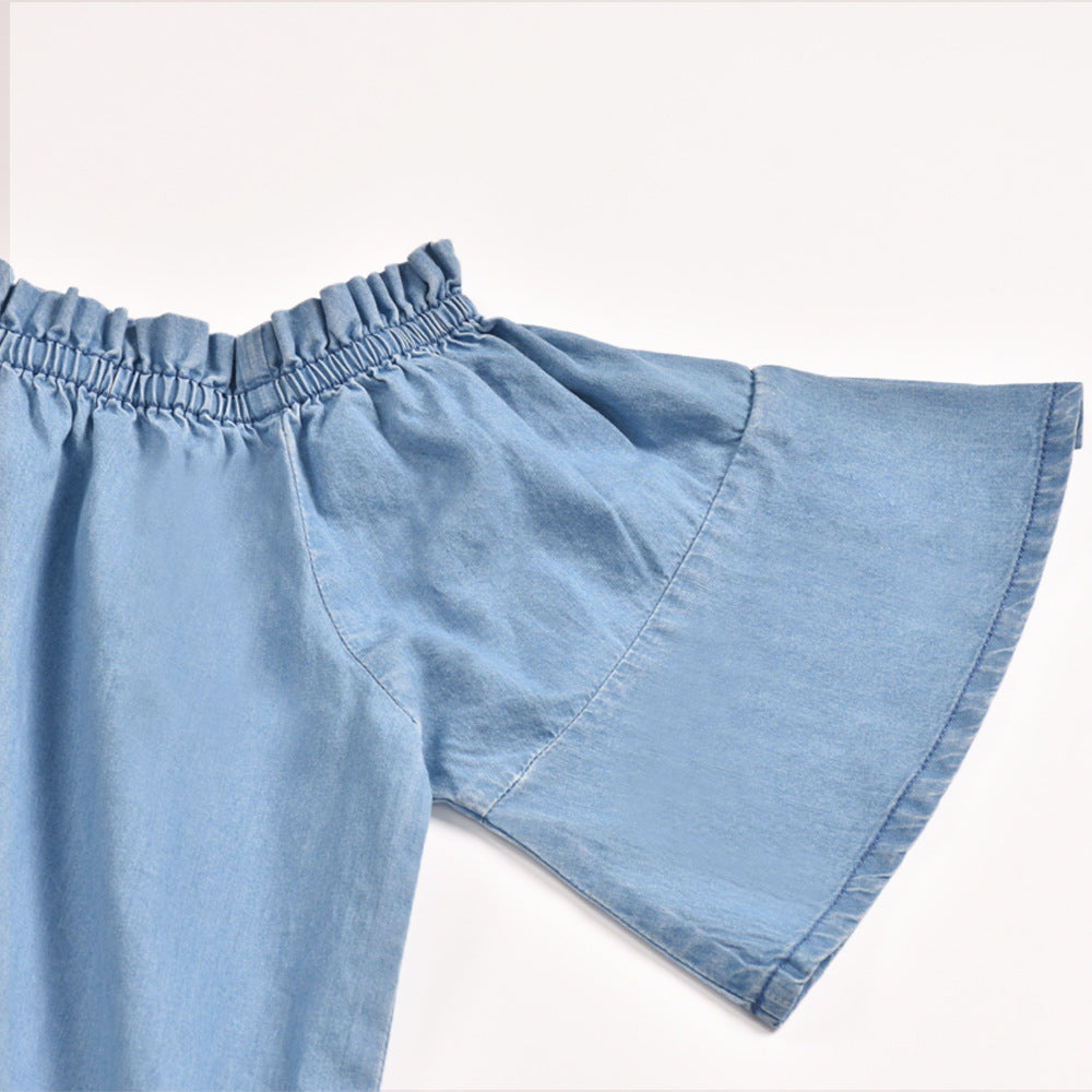 Off Shoulder Flared Sleeve Ruffled Denim Mini Dresses