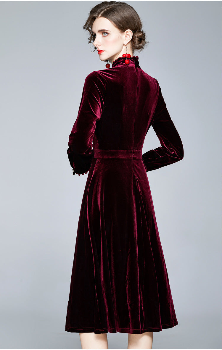 Red Velvet Pearl Button Single-breasted Midi Dresses