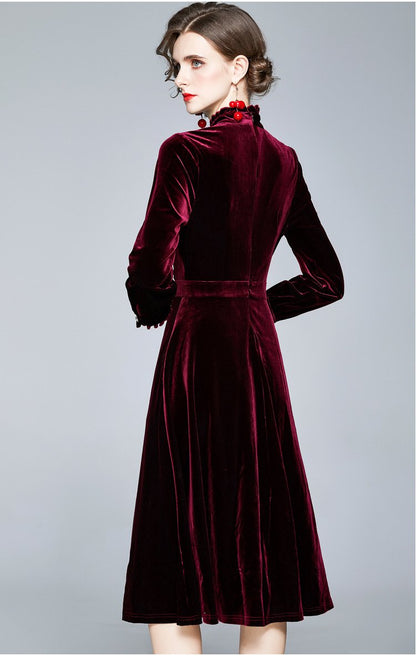 Red Velvet Pearl Button Single-breasted Midi Dresses