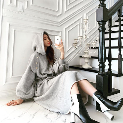 Puff Sleeve Hooded Hoodies Sweatshirts Coat Midi Dresses
