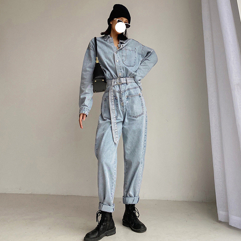 Pile Collar Lace-up Single-breasted Denim Jumpsuits
