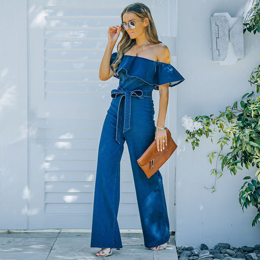 Tube Top One Shoulder Wide-leg Ruffles Denim Jumpsuit