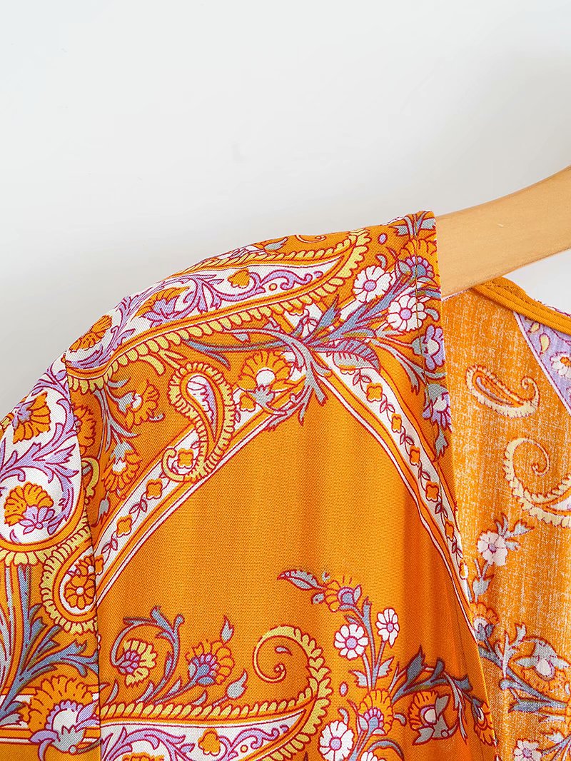Boho V-neck Floral Flared Sleeve Lace-up Mini Dresses