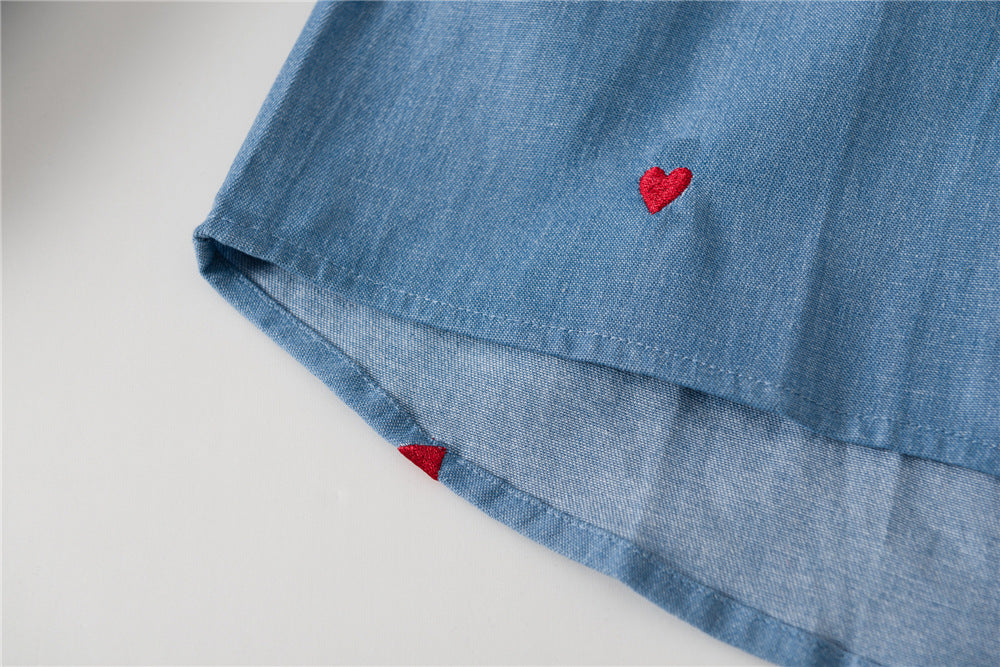 Single-breasted Love Shape Embroidery Lapel Denim Shirts