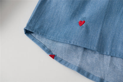 Single-breasted Love Shape Embroidery Lapel Denim Shirts