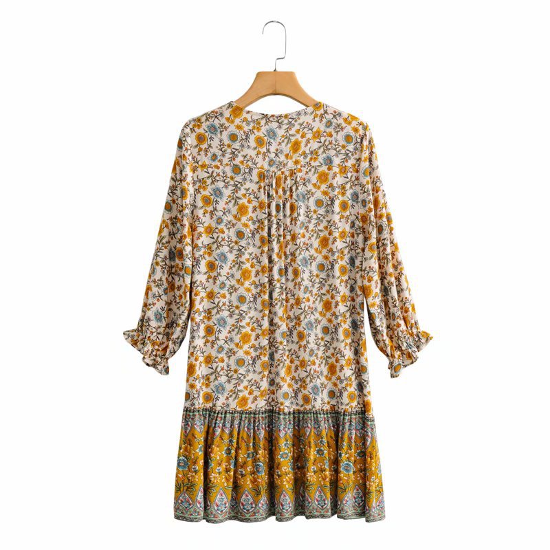 Boho Bohemia V-neck Single-breasted Ruffled Floral Mini Dresses