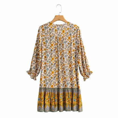 Boho Bohemia V-neck Single-breasted Ruffled Floral Mini Dresses