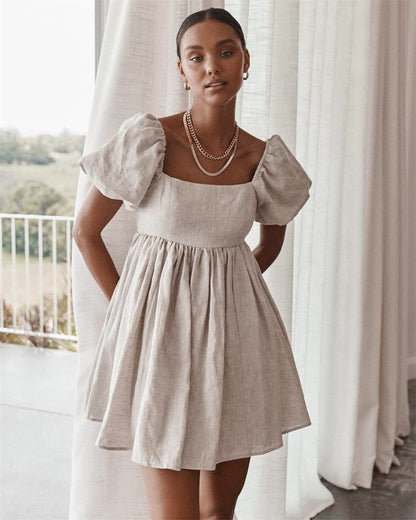 Square Collar Lantern Bubbles Sleeve Skater Party Mini Dresses