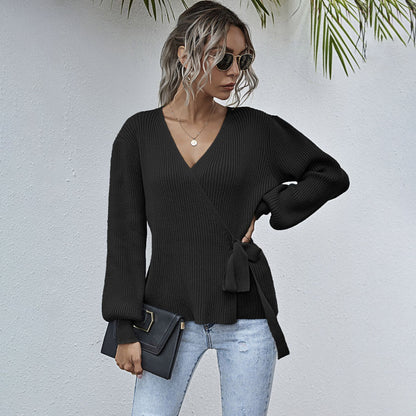 Lantern Sleeve Bow Tie V-neck Knit Sweaters Cardigans