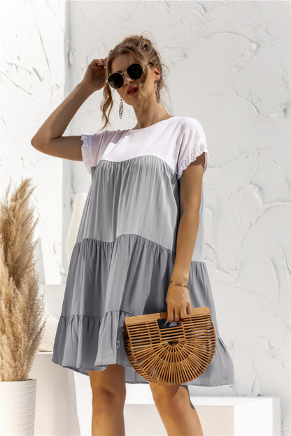 Round Neck Ruffled Hem Vacation Mini Dresses