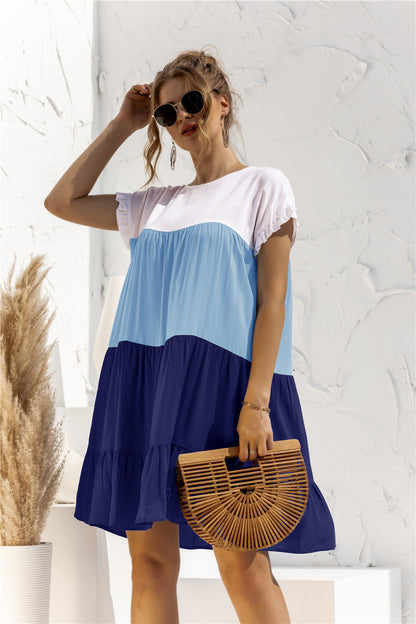 Round Neck Ruffled Hem Vacation Mini Dresses