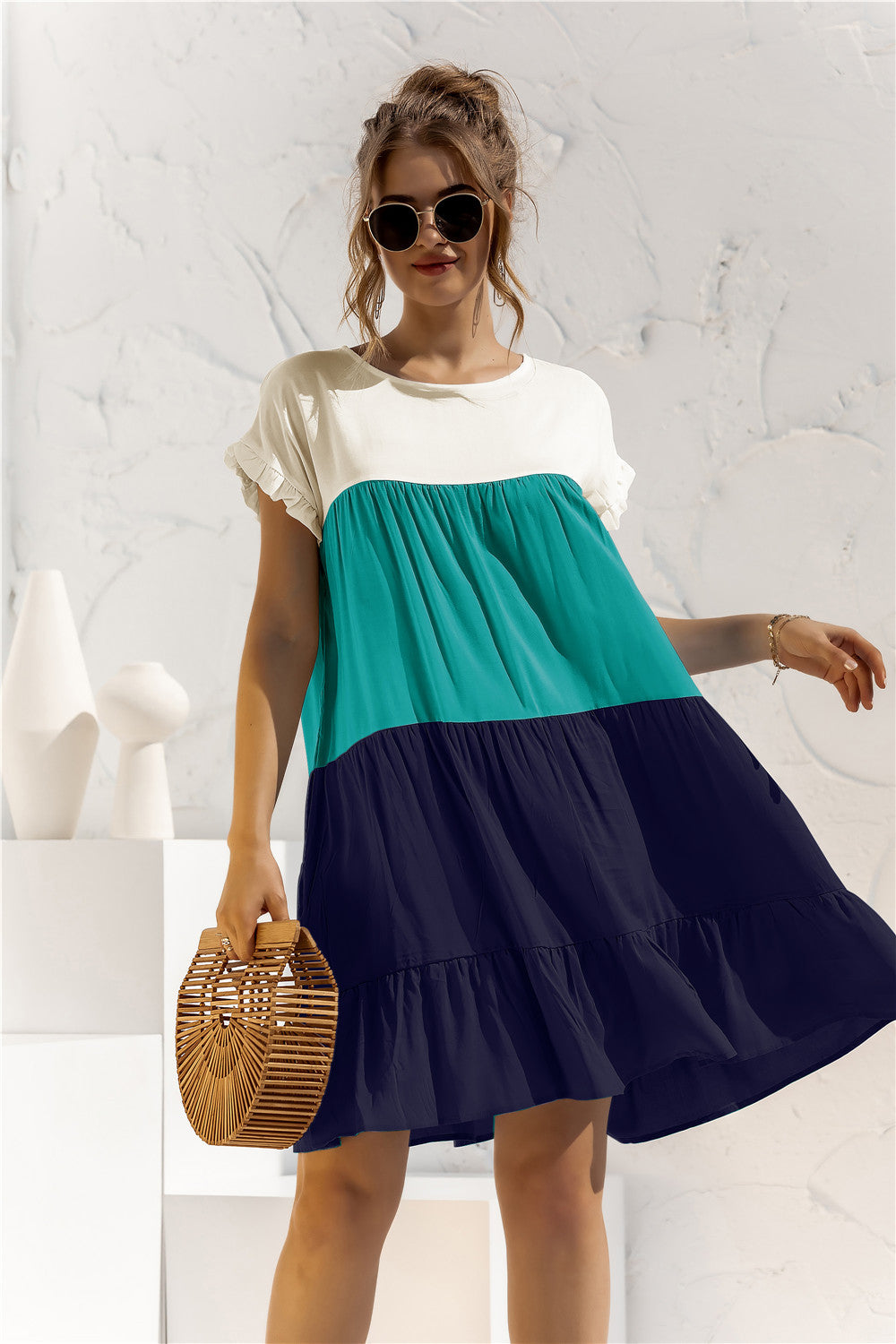 Round Neck Ruffled Hem Vacation Mini Dresses