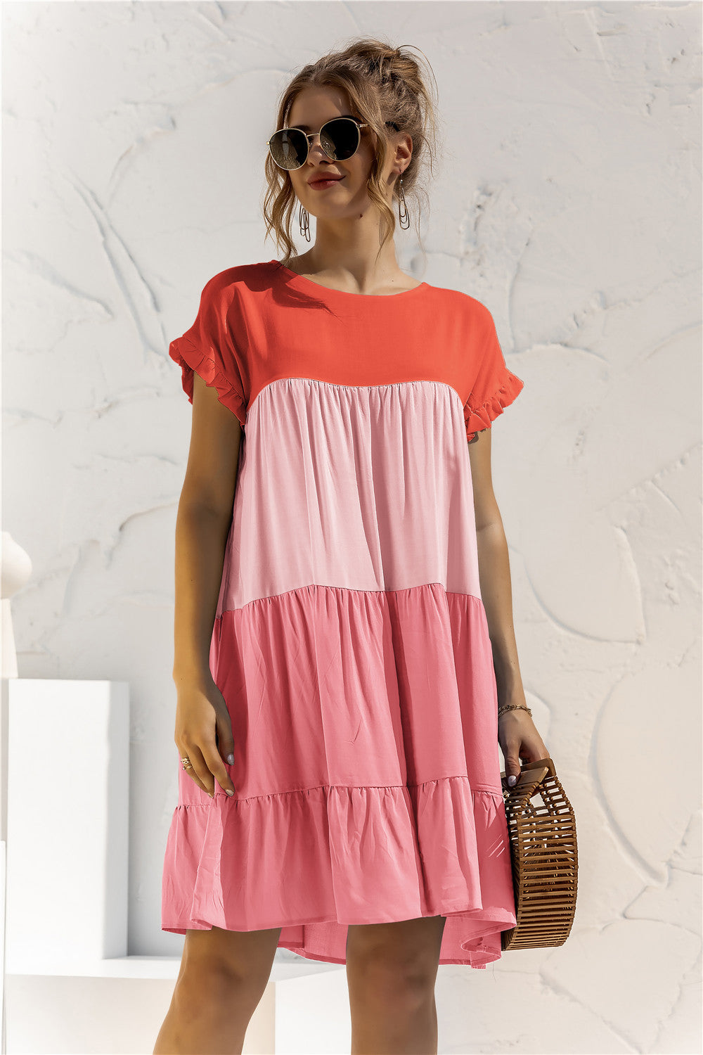 Round Neck Ruffled Hem Vacation Mini Dresses