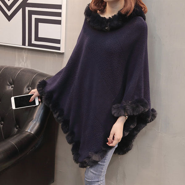 Pullover Hem Fur Collar Sweater Cloak Shawl Cape