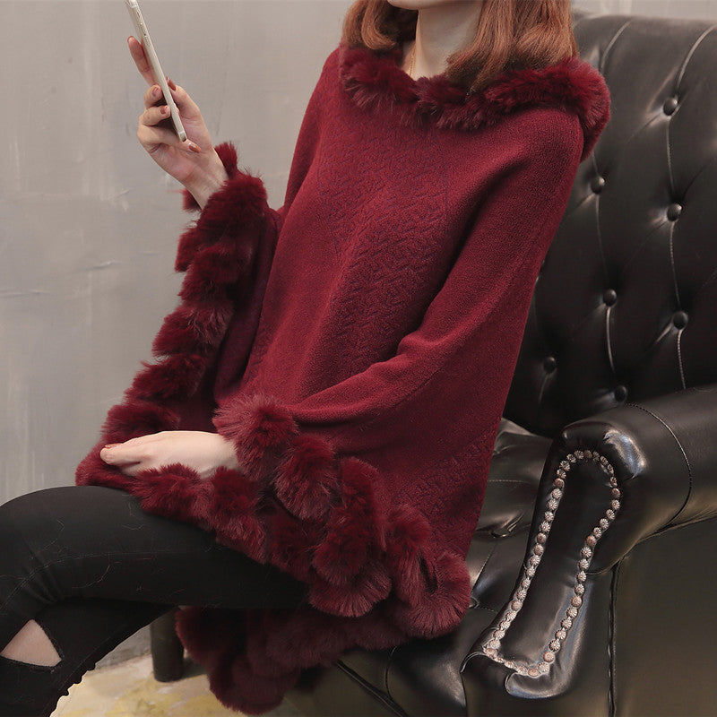 Pullover Hem Fur Collar Sweater Cloak Shawl Cape