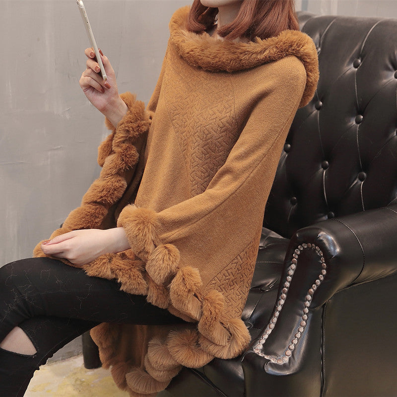 Pullover Hem Fur Collar Sweater Cloak Shawl Cape