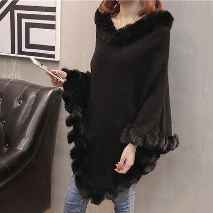 Pullover Hem Fur Collar Sweater Cloak Shawl Cape