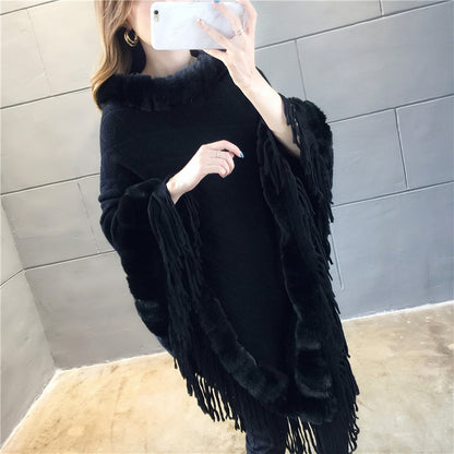 Tassel Hem Fur Collar Pullover Sweater Cloak Shawl Cape
