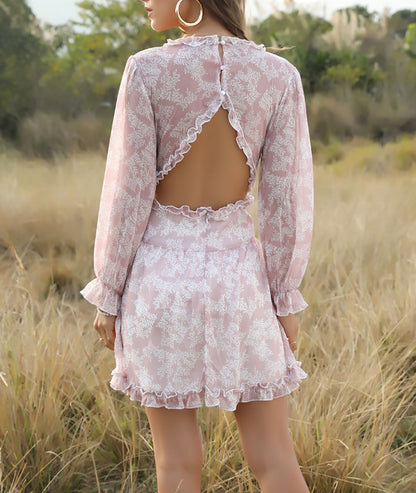 Sexy V-neck Backless Floral Bubble Layered Mini Dresses