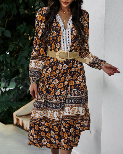 Floral V-neck Lace Slit Leg Maxi Midi Dresses