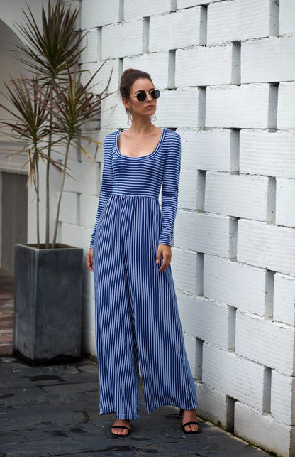 U-neck Sexy Wide-leg Long-sleeved Striped Jumpsuit