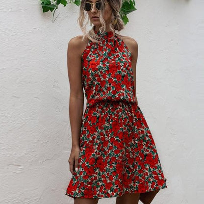 Floral Red Bohemian Boho Printed Hanging Neck Straps Mini Dresses