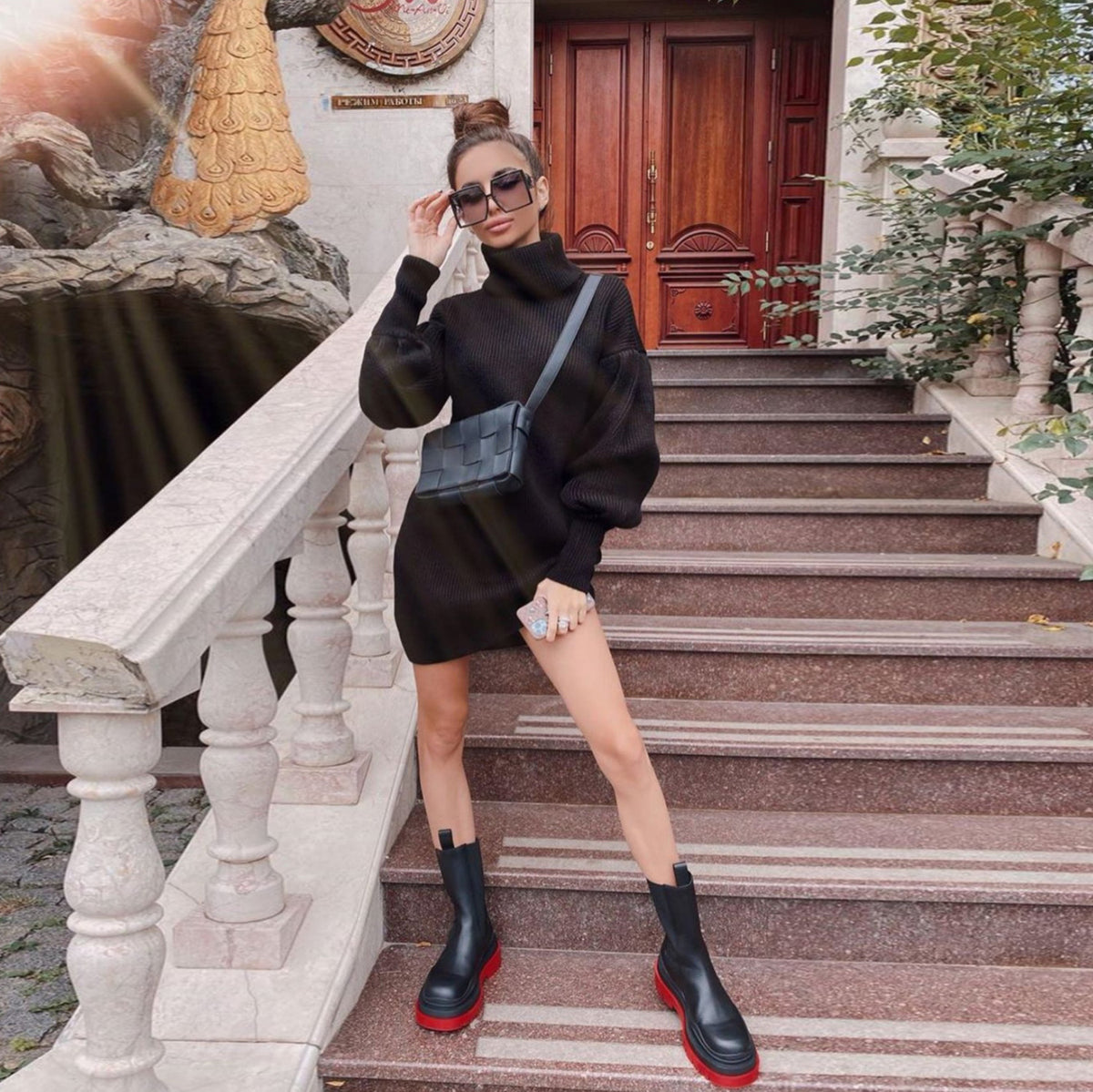 Knit Lantern Sleeve High Collar Sweater Mini Dresses