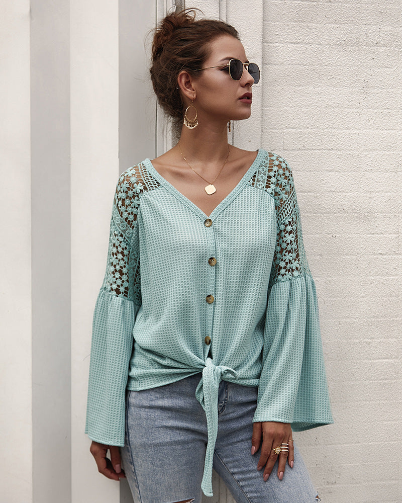 Multicolor Long Sleeve Lace Shoulder Knitting Sweater