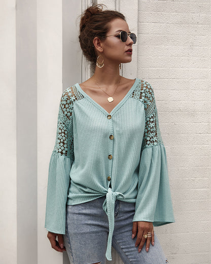 Multicolor Long Sleeve Lace Shoulder Knitting Sweater