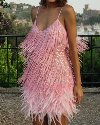 Backless Tassel Feather Sequins Party Mini Dresses