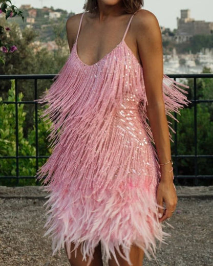 Backless Tassel Feather Sequins Party Mini Dresses