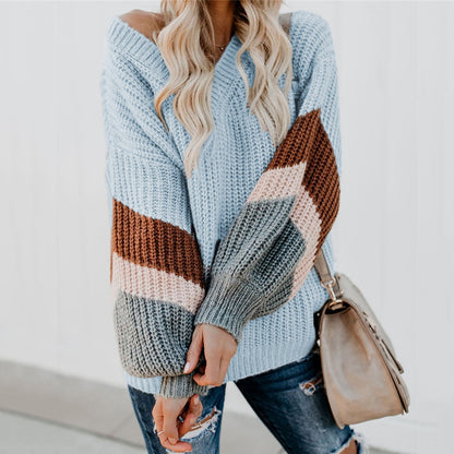 Women's V Neck Stripe Splicing Lantern Sleeve Sweater