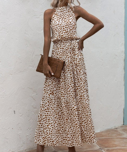 Beige Bohemian Boho Printed Hanging Neck Straps Maxi Dresses