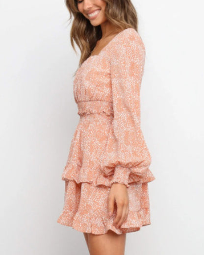 Square Collar Elastic Waist Ruffled Floral Mini Dresses