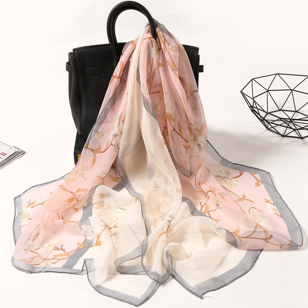 Lotus Printed Long Thin Silk Scarf for Women