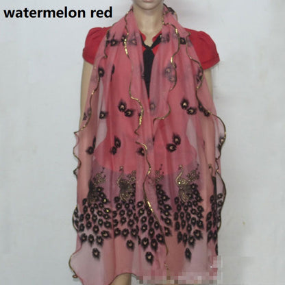 Fashion Lace Scarf Net Yarn Printing Peacock Stitching Flocking Phoenix Scarf for Women Ladies Girls
