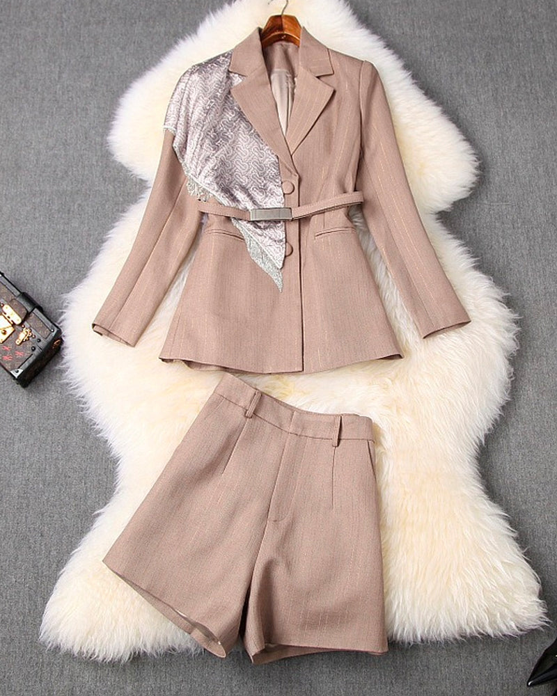 Splicing Silk Scarf Women's Blazer Shorts Two-piece Set