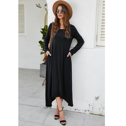 Round Collar Neck Long Sleeve Loose Maxi Dress