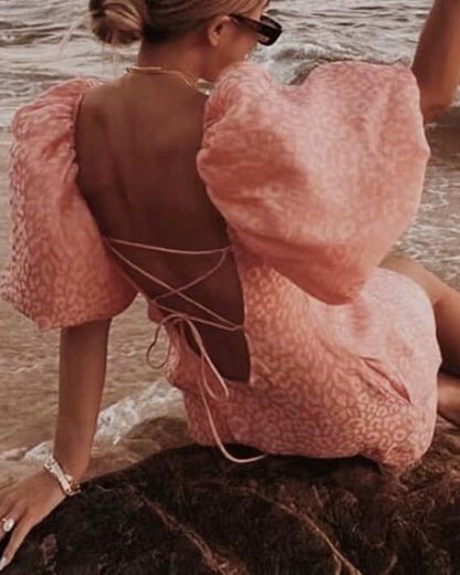 Ruffled Puff Sleeve Lace-up Backless Satin Mini Dresses