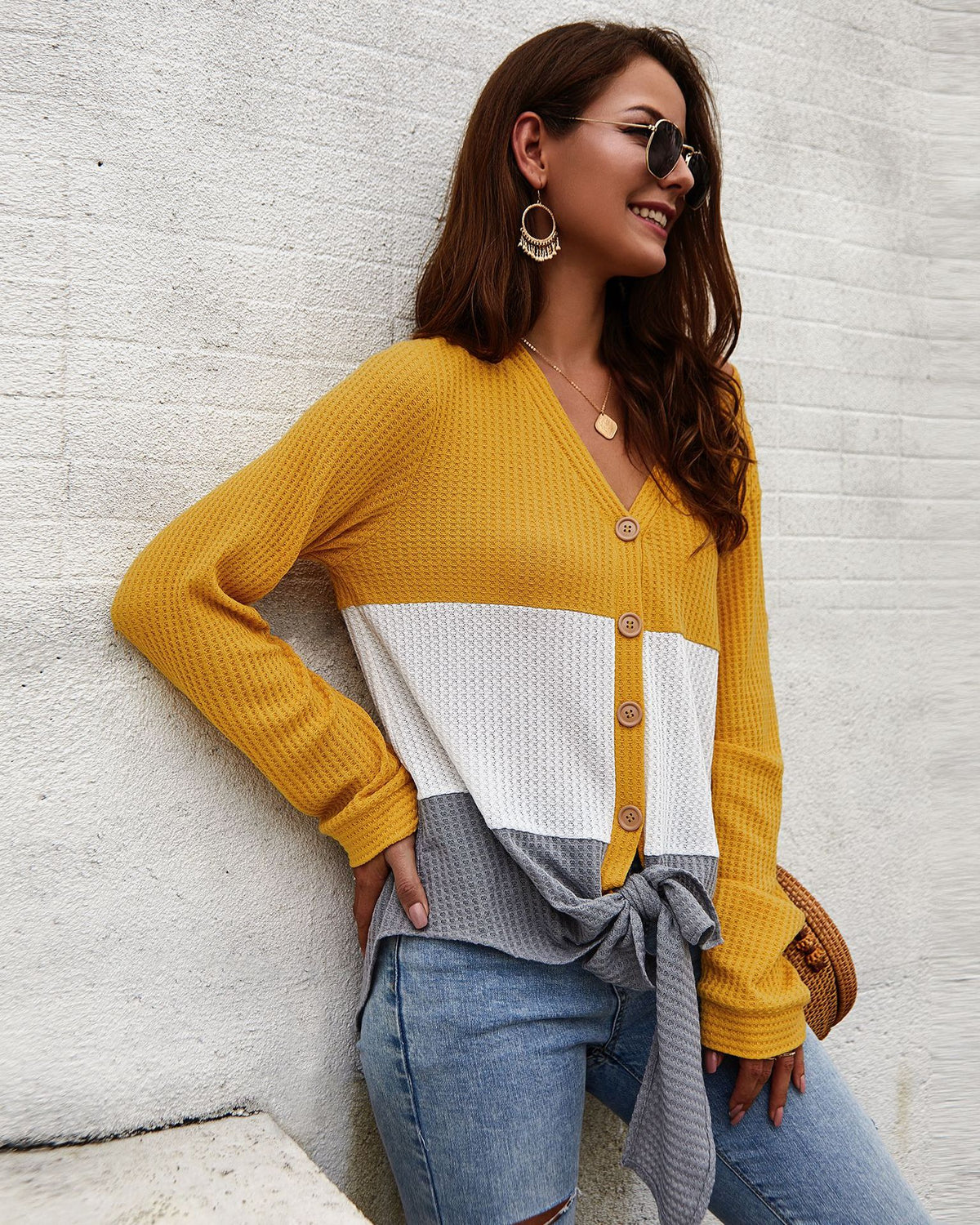 Women's Casual V-neck Single-Breasted Cardigan Sweater