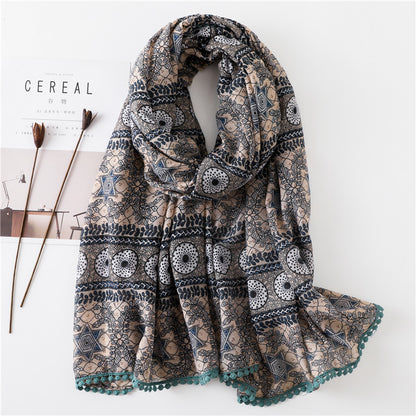 Tassel Printed Leaf Flowers Flamingo Scarf Ethnic Shawl for Women Ladies Girls